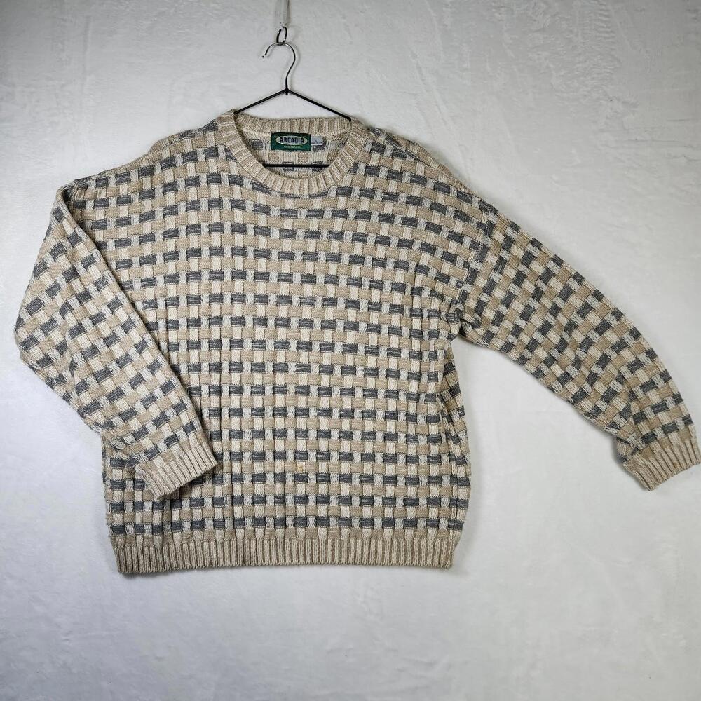 Vtg Arcadia USA Sweater L Beige Gray Box Knit 90s Coogi Style Chunky Pullover‎